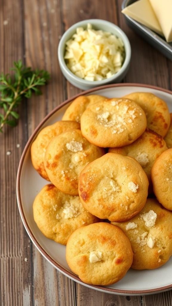 Simple 3-Ingredient Parmesan Cookies A plate of crispy Parmesan cookies with grated cheese, on a rustic wooden table.